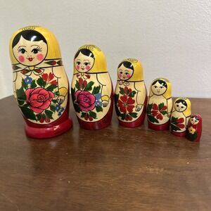 Russian Nesting Matryoshka Dolls Babushka Old Lady Grandmother Roses Set Of 6